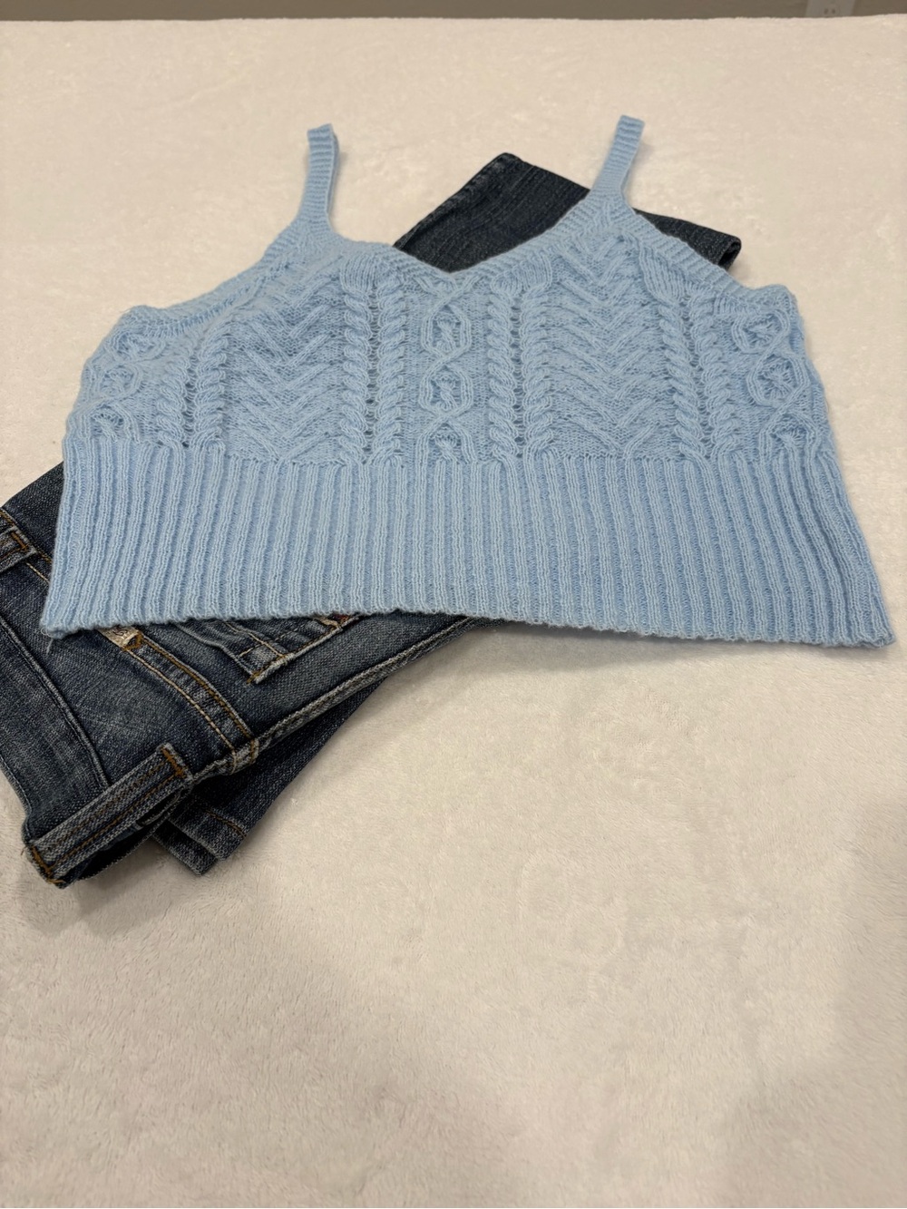 Boutique Baby Blue Cable Knit Sweater Tank Top Size L Soft Cropped Cottagecore